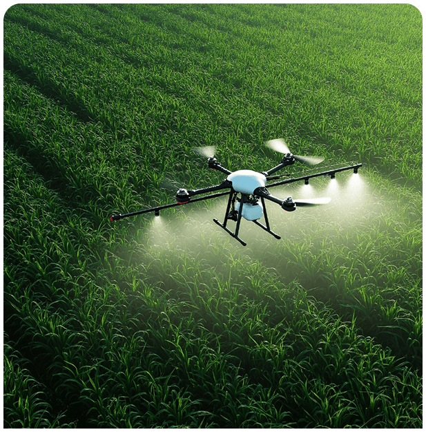 Agricultural drone spraying over a green crop field